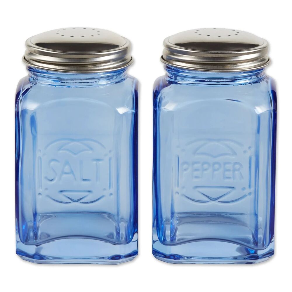 Retro Blue Glass Salt Pepper Shakers Square Stainless-Steel Lid Gift NEW